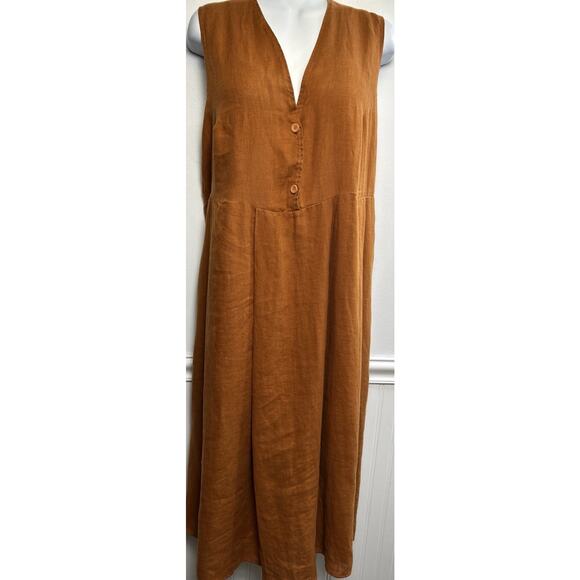 Flax Jeanne Engelhart L Orange Linen Button Down Maxi Dress Pockets Lagenlook - Picture 1 of 8